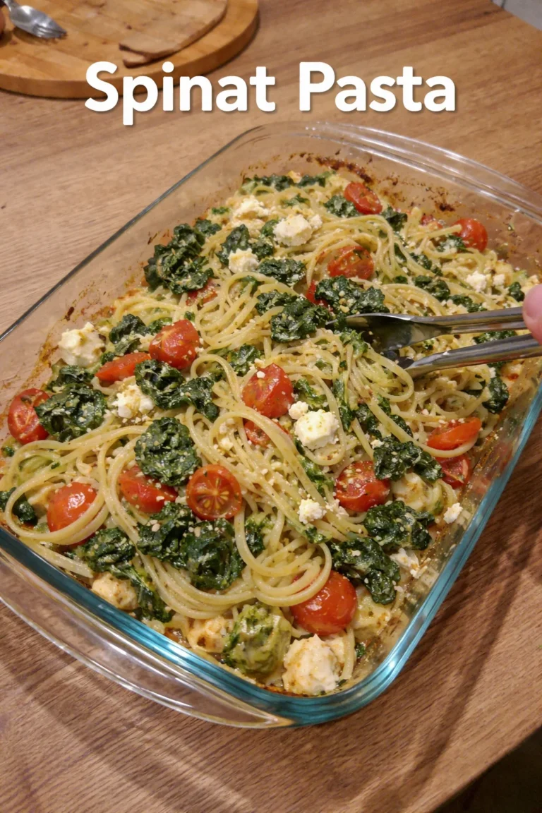 Ein Teller Spinat Pasta mit frischen Zutaten und einer cremigen Sauce.