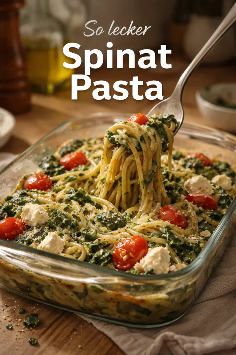 Eine Schüssel Spinat Pasta mit frischem Gemüse und Kräutern.