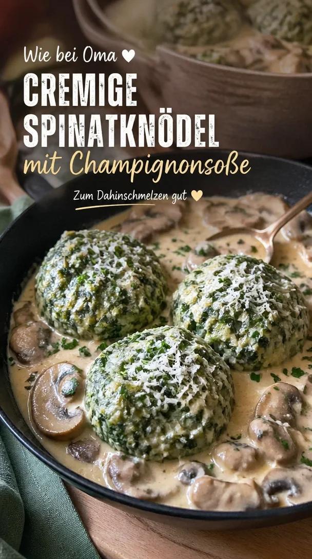 Spinatknödel serviert mit cremiger Champignonsoße auf einem Teller
