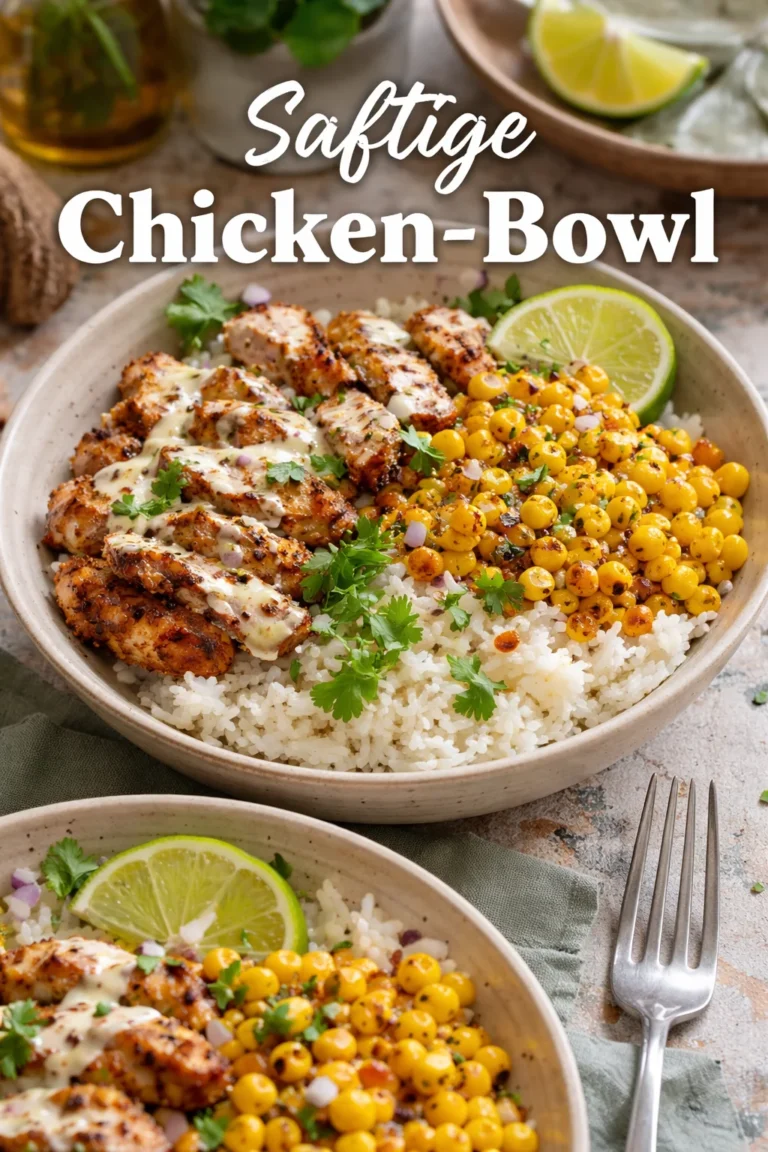 Straßenmais-Hühnchen-Reisbowl mit frischen Zutaten und aromatischen Gewürzen