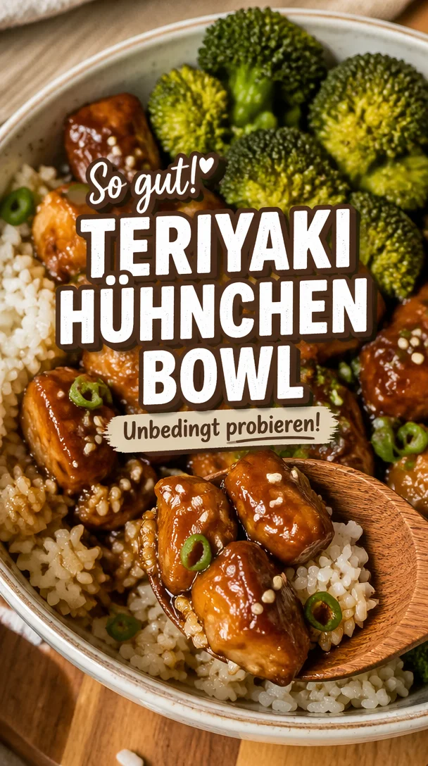 Teriyaki-Hühnchen-Reis-Schüssel mit Gemüse und Soße auf einem Teller