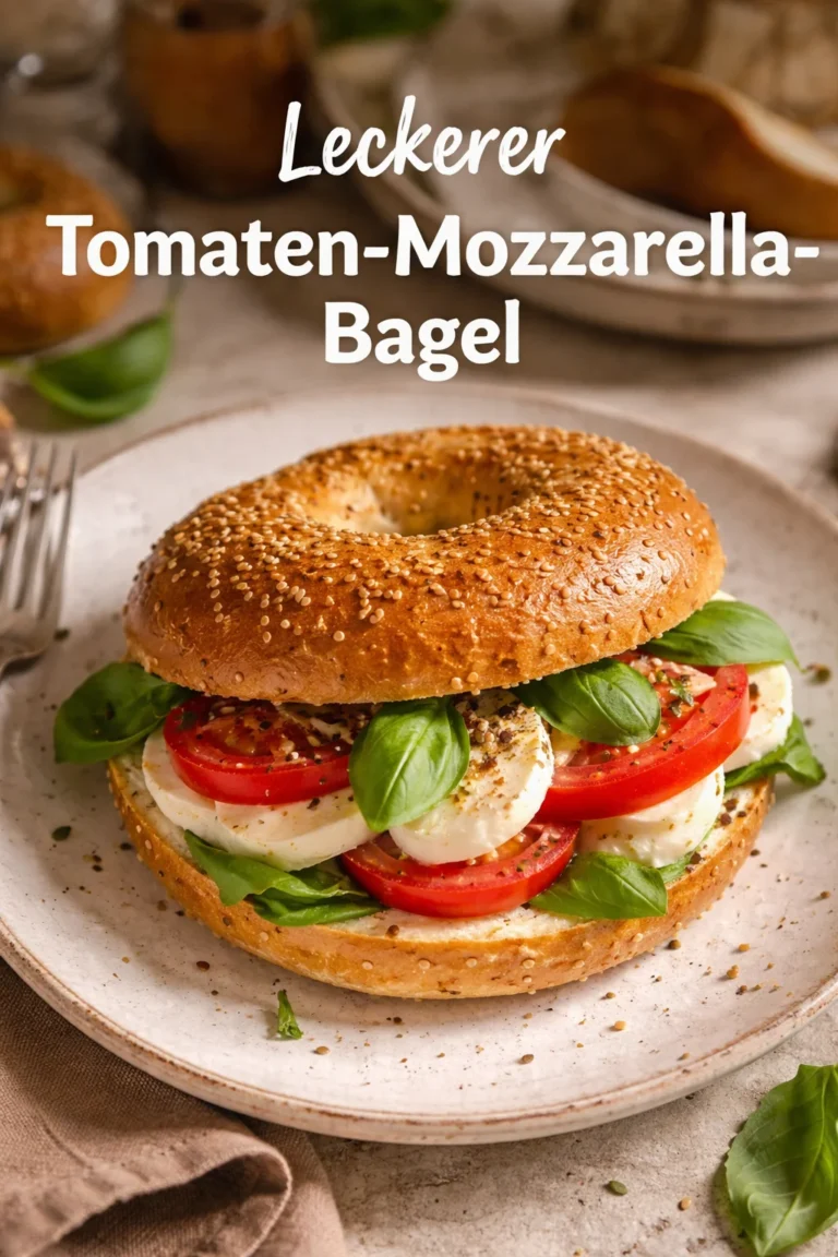 Tomaten-Mozzarella-Bagel mit frischen Zutaten auf einem Holzbrett