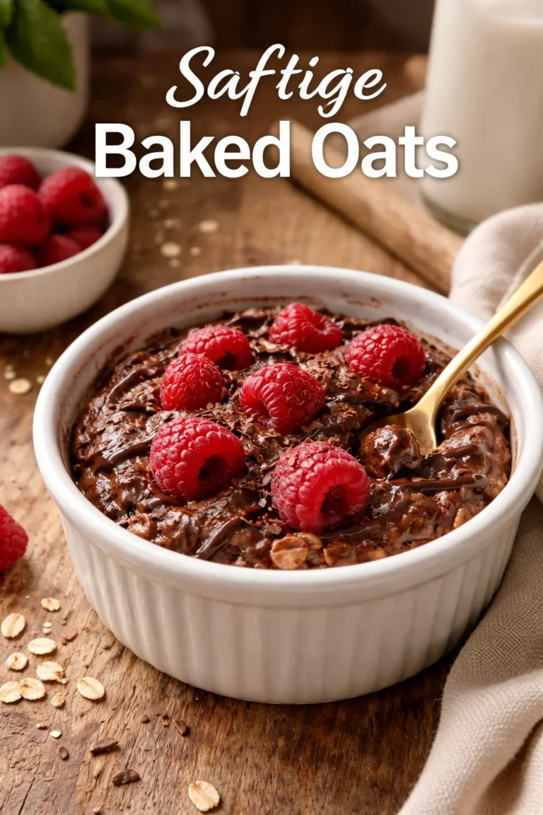 Vegane Baked Oats mit frischen Himbeeren auf einem Holzbrett serviert
