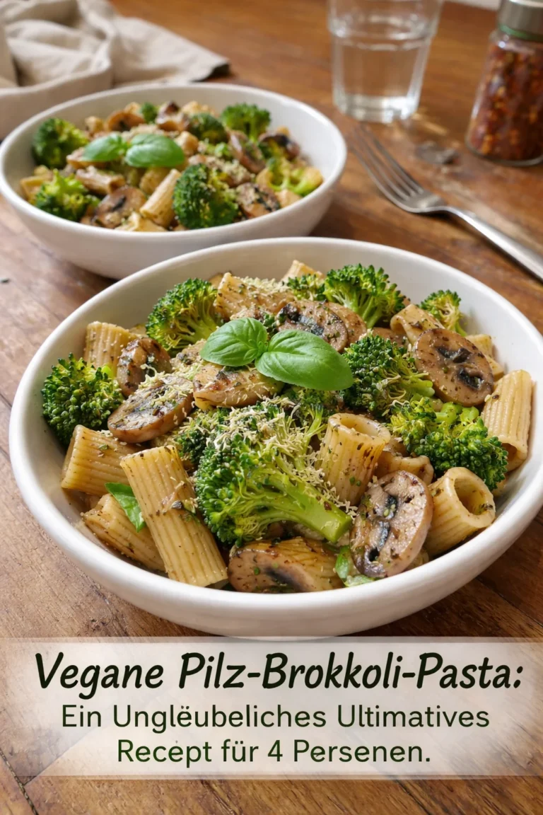 Vegane Pilz-Brokkoli-Pasta für vier Personen auf einem Teller serviert.