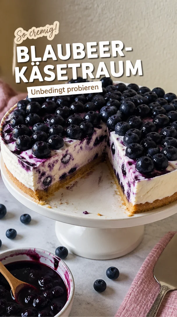 Verführerische Blaubeertorte mit Frischkäse und Biskuit auf einem Teller