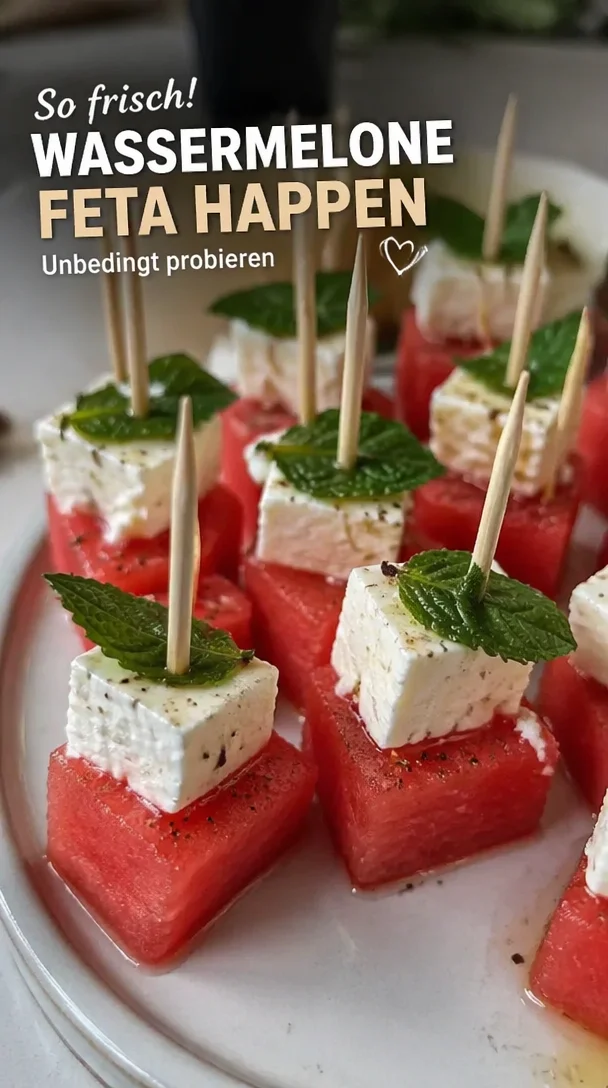 Wassermelonen-Feta-Spieße auf einem Grillteller serviert