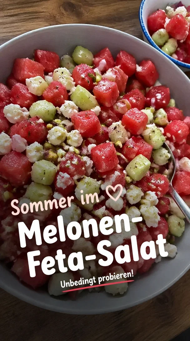 Erfrischender Wassermelonen-Gurken-Feta-Salat auf einem Teller angerichtet