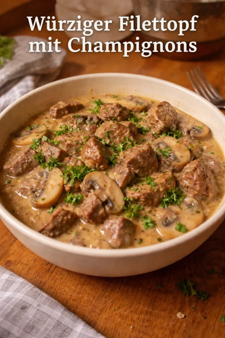 Würziger Filettopf mit Champignons in einem Teller serviert