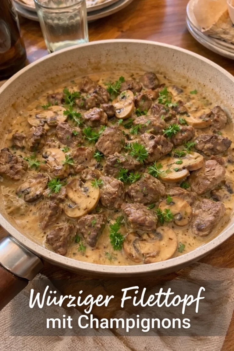 Würziger Filettopf mit Champignons in einem kräftigen Sauce serviert.