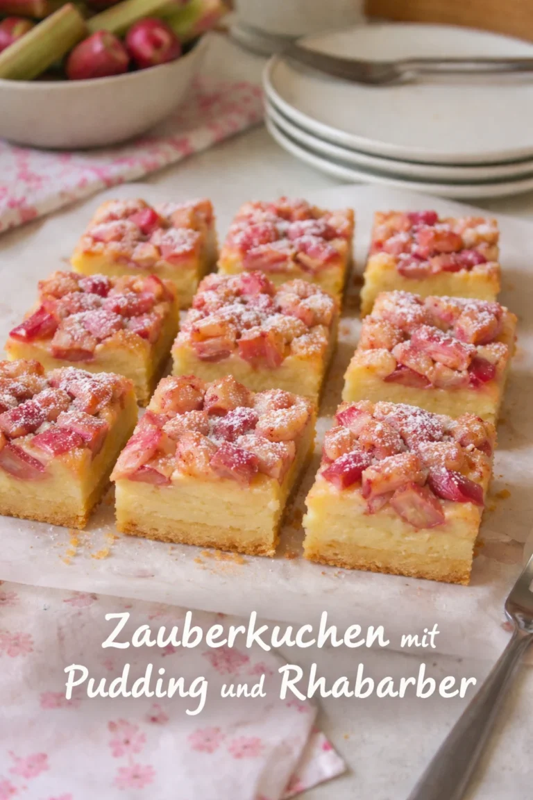 Zauberkuchen mit Pudding und Rhabarber auf einem Teller serviert
