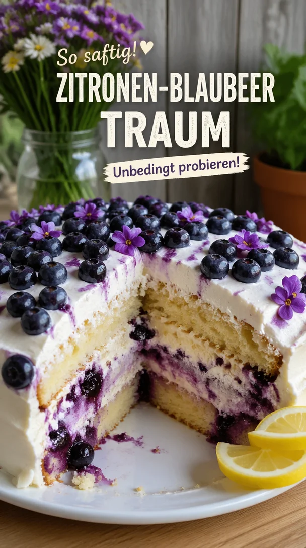 Zitronen-Rührkuchen mit Heidelbeeren auf einem Teller serviert
