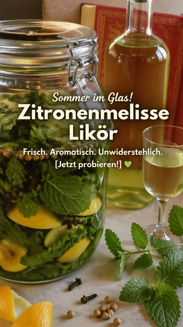 Zitronenmelisse-Likör in einem Glas mit frischen Zitronen und Melisseblättern