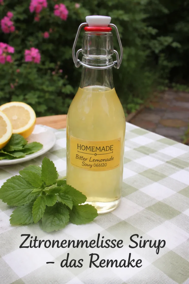 Zitronenmelisse Sirup in einem Glas, frisch zubereitet und mit Zitrone dekoriert.