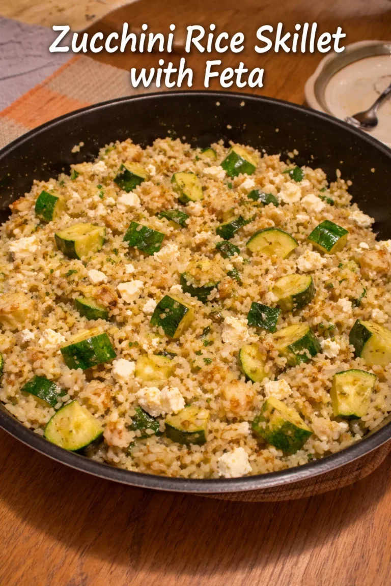 Zucchini Rice Skillet mit Feta auf einem Teller, frisch garniert.