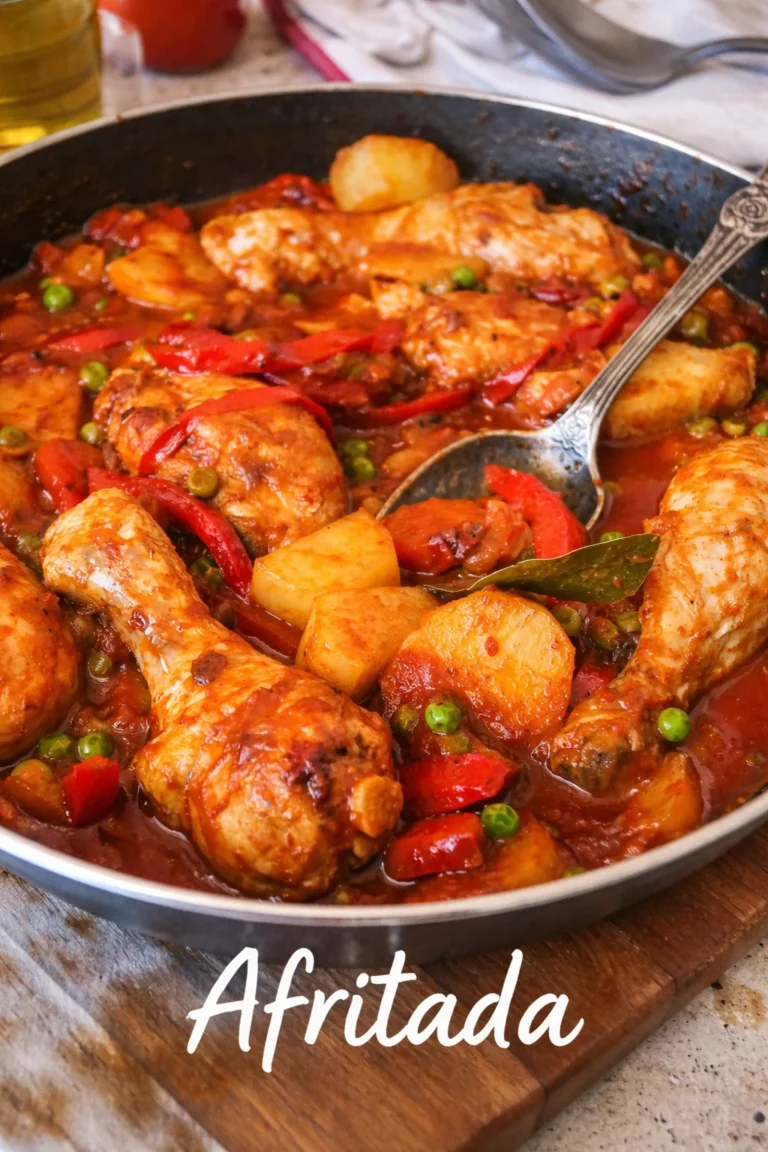 Eine herzhafte Portion Afritada, ein traditionelles philippinisches Gericht mit Fleisch und Gemüse.