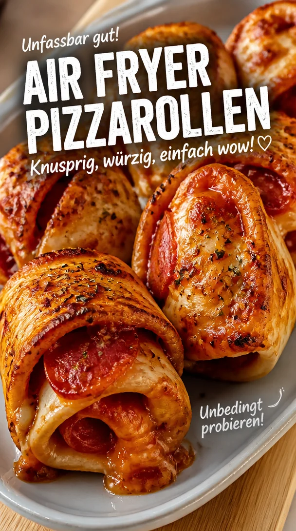Knusprige Pizzarollen aus dem Air Fryer auf einem Teller serviert.