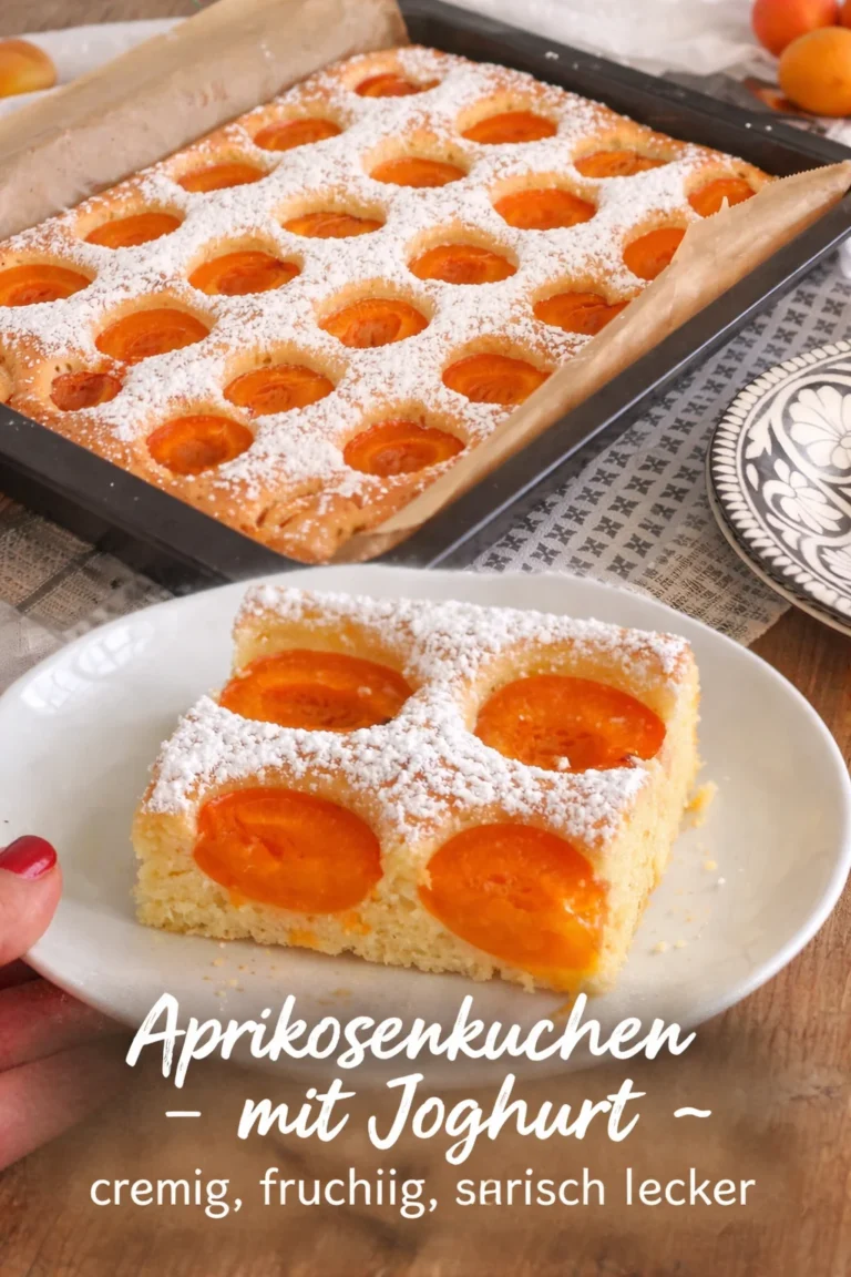 Leckerer Aprikosenkuchen mit Joghurt auf einem Teller serviert