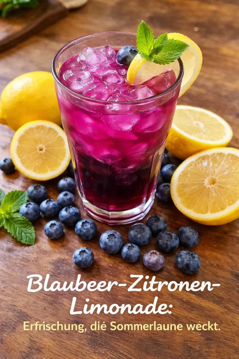Erfrischende Blaubeer-Zitronen-Limonade in einem Glas mit frischen Früchten