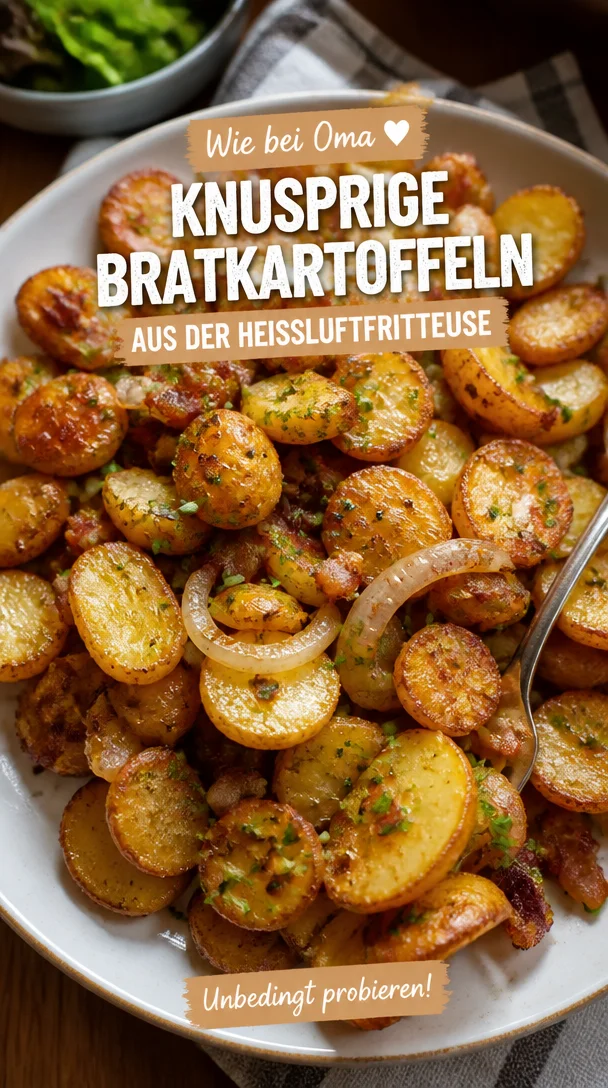 Knusprige Bratkartoffeln aus der Heißluftfritteuse auf einem Teller serviert.