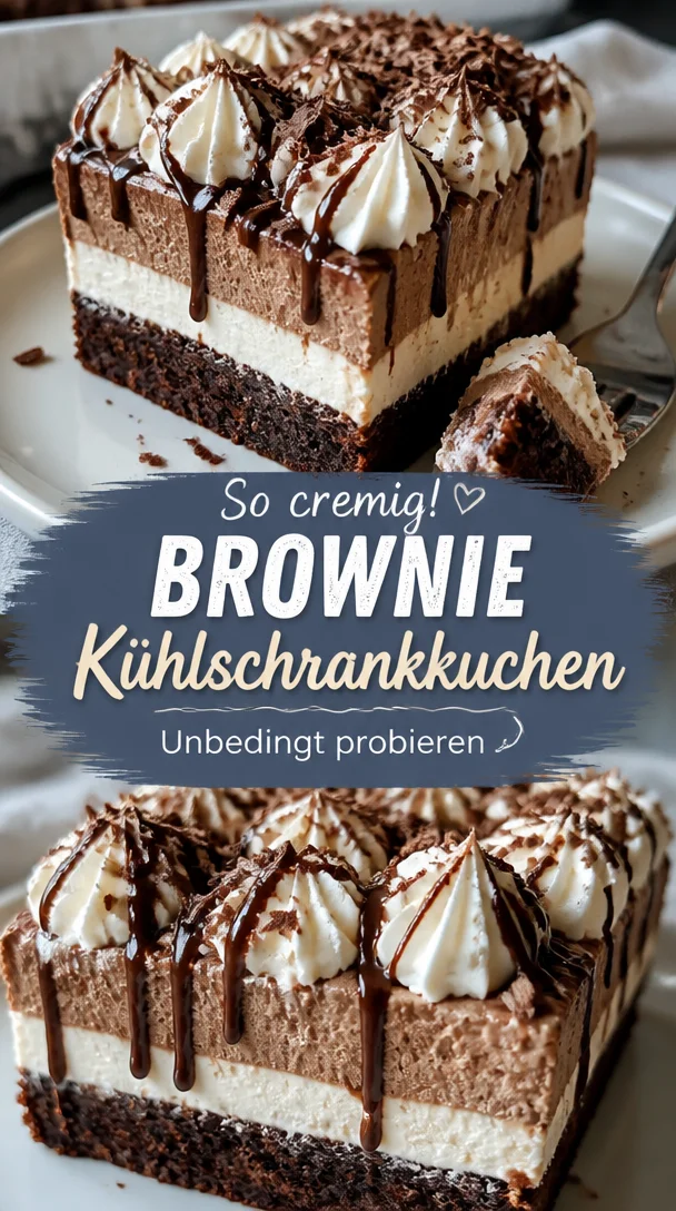 Leckerer Brownie Refrigerator Cake mit Schokolade und Sahne auf einem Teller