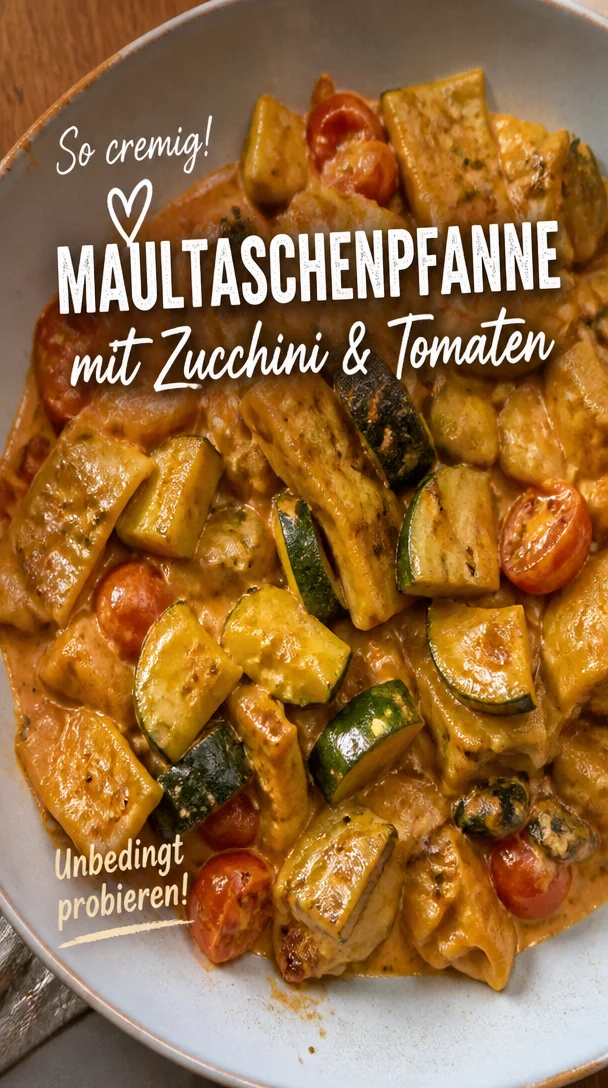 Cremige Maultaschenpfanne mit Zucchini und Tomaten auf einem Teller serviert.