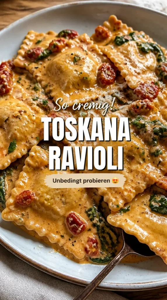 Cremige toskanische Ravioli serviert mit frischen Kräutern und Soße