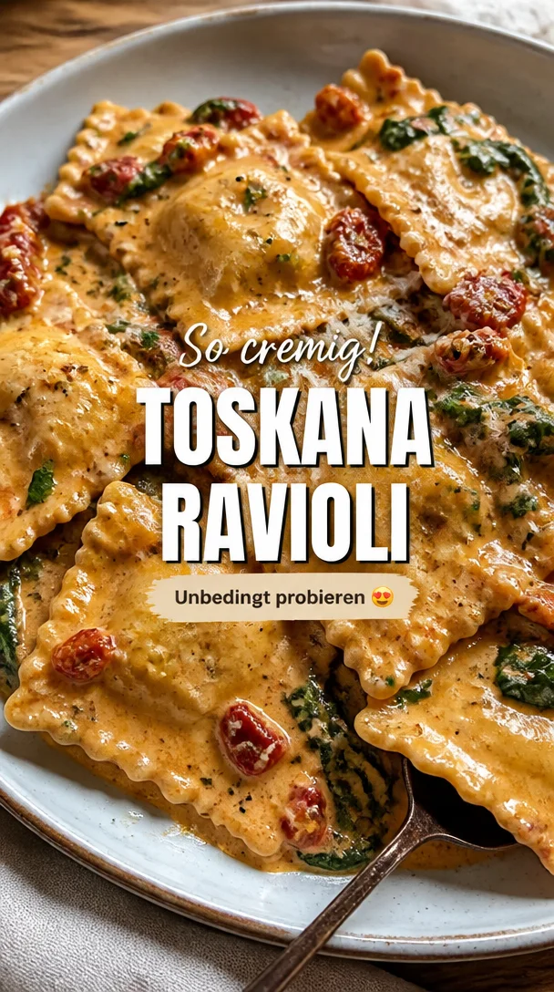 Cremige toskanische Ravioli serviert mit frischen Kräutern und Soße