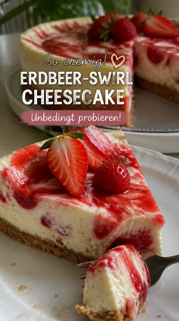 Cremiger Erdbeer-Swirl Cheesecake mit frischen Erdbeeren und sahnigem Belag.