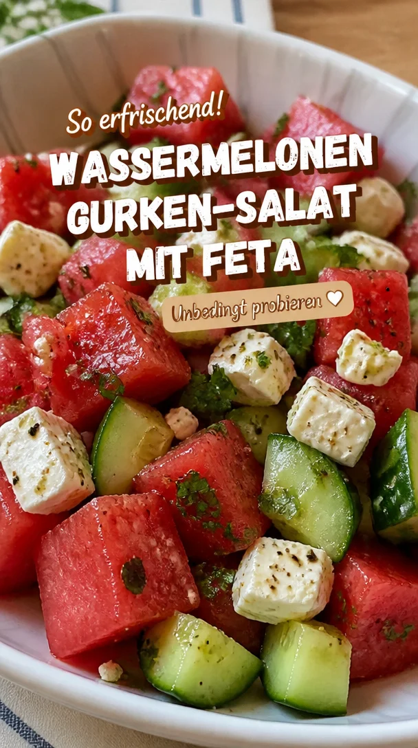 Einfache Wassermelonen-Gurkensalat mit Feta - erfrischend lecker