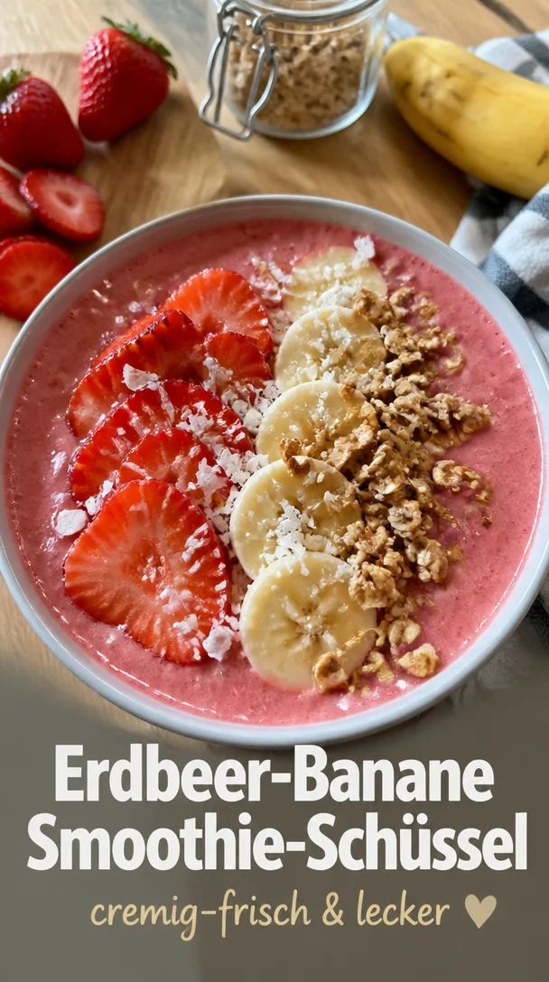 Erdbeer-Banane-Smoothie-Schüssel mit frischen Früchten und Joghurt