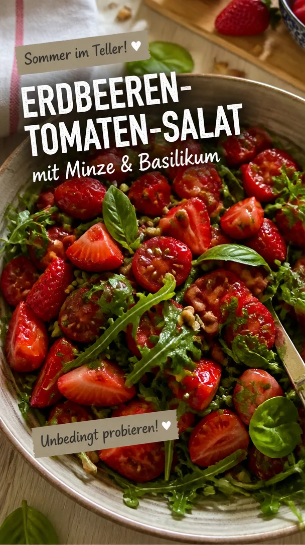 Erdbeeren-Tomaten-Salat mit Minze und Basilikum auf einem Teller