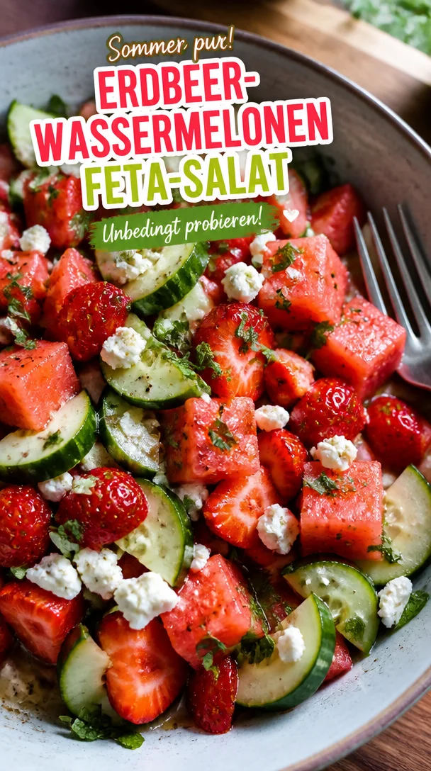 Erfrischender Erdbeer-Wassermelonen-Feta-Gurken-Salat mit Minze