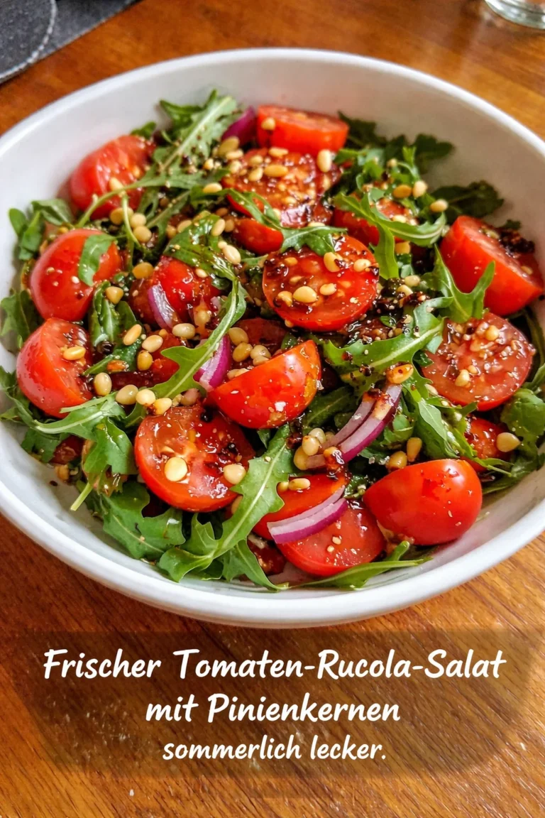 Frischer Tomaten-Rucola-Salat mit Pinienkernen auf einem Teller