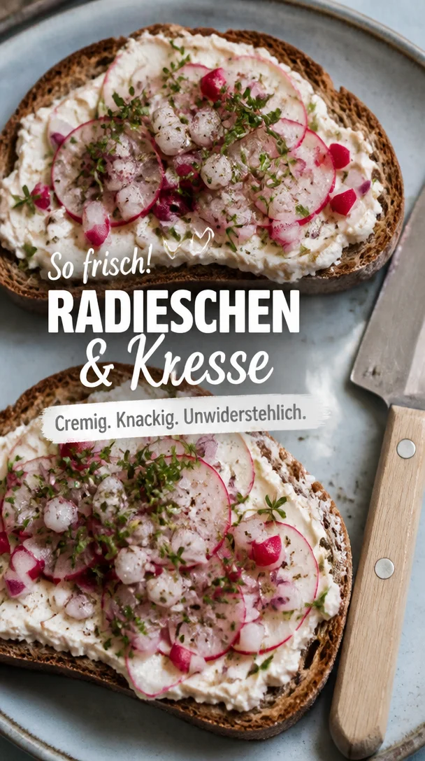 Frischkäse-Sandwich mit Radieschen und Kresse auf einem Teller