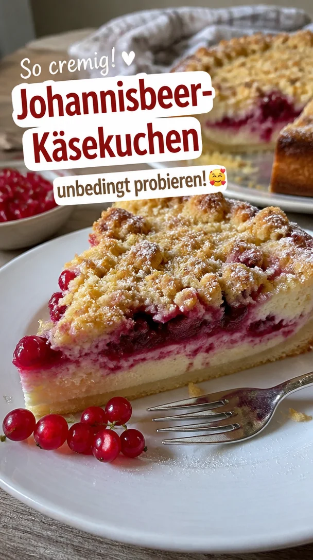Schmackhafter Johannisbeer-Käsekuchen mit Butterstreuseln auf einem Teller