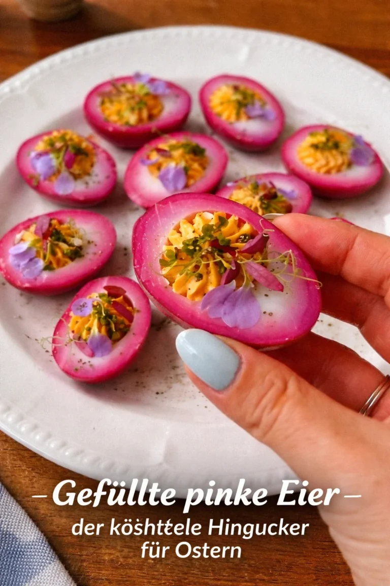 Gefüllte pinke Eier für Ostern, köstlicher Hingucker auf dem Esstisch