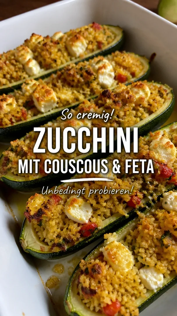 Gefüllte Zucchini mit Couscous und Feta auf einem Teller angerichtet