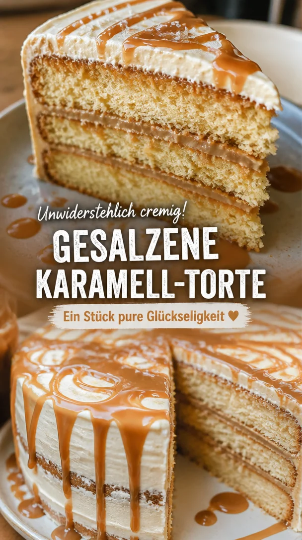 Gesalzene Karamell-Torte mit cremiger Füllung und Karamellsoße
