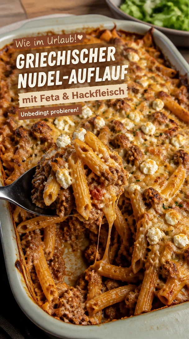 Griechischer Nudel-Auflauf mit Feta und Hackfleisch, frisch aus dem Ofen