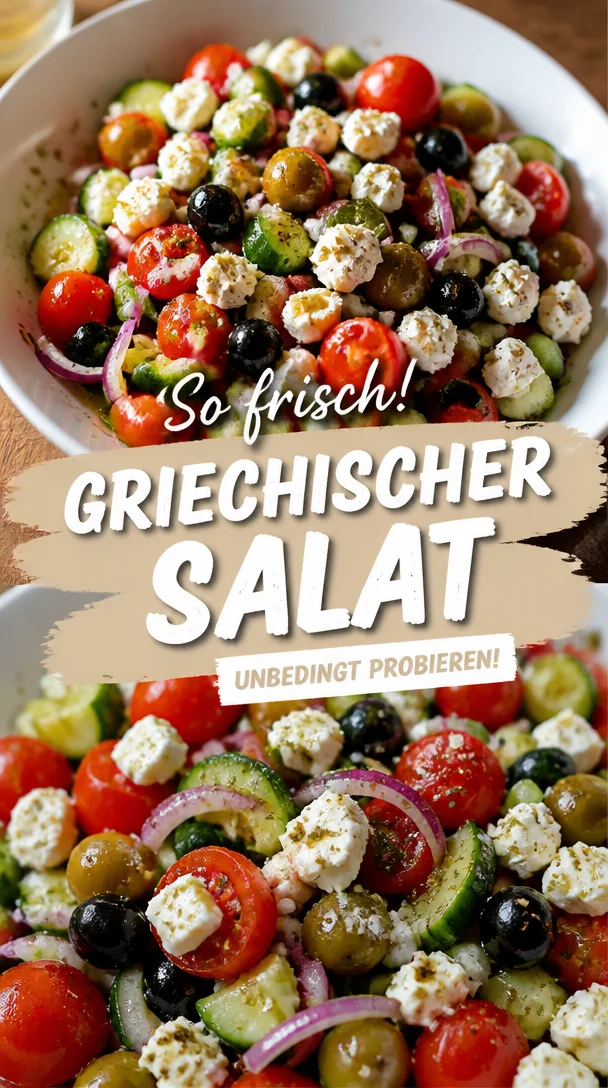 Leckere Zutaten für Griechischer Salat auf einem Teller angerichtet.