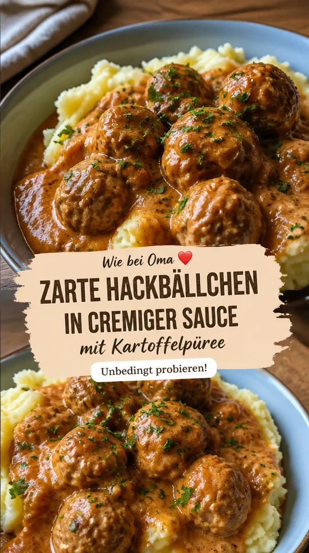 Herzhafte Hackbällchen in cremiger Sauce mit Kartoffelpüree serviert.