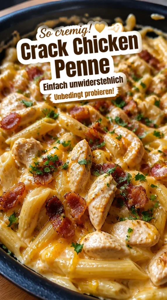 Cremige Crack Chicken Penne mit saftigem Hühnchen und würziger Sauce.