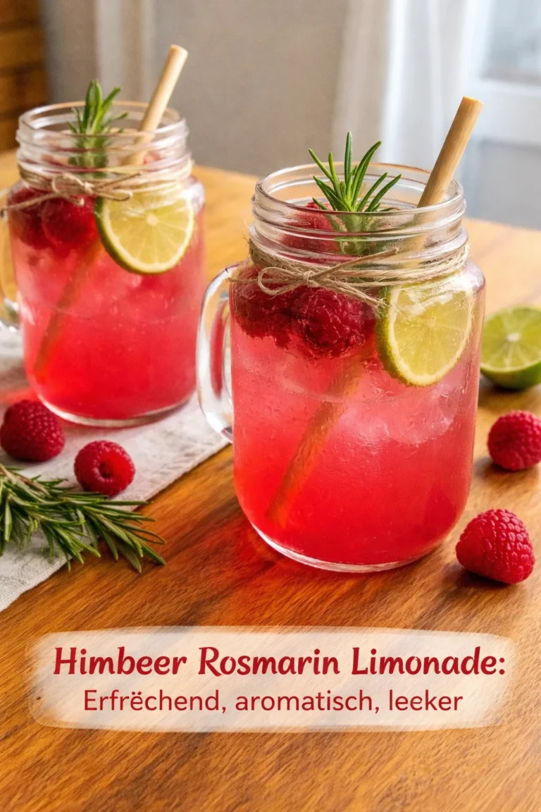 Glas Himbeer Rosmarin Limonade mit frischen Zutaten auf einem Tisch