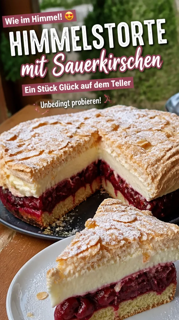 Himmelstorte mit Sauerkirschen auf einem schön gedeckten Tisch