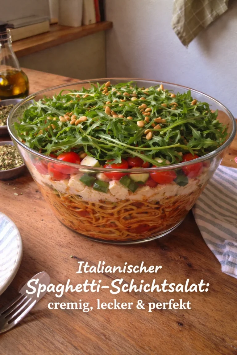 Italienischer Spaghetti-Schichtsalat in einer Schüssel, cremig und köstlich angerichtet.