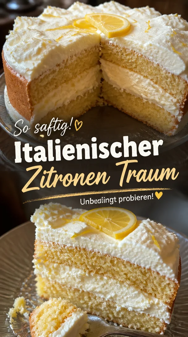 Italienischer Zitronenkuchen, saftig und zitronig, auf einem Tisch serviert