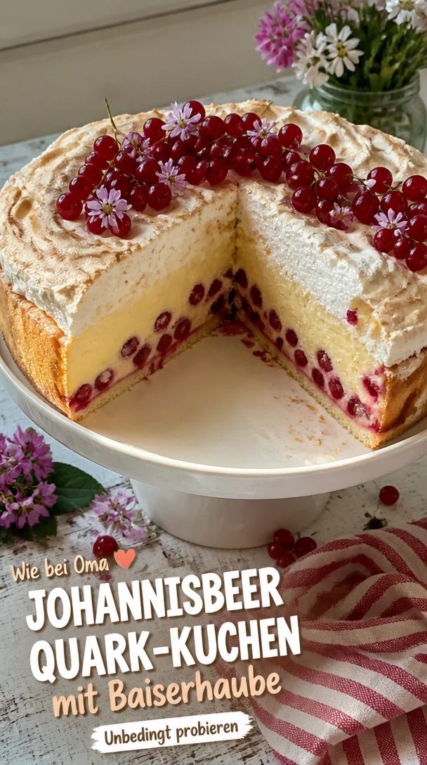 Johannisbeer-Quark-Kuchen mit einer luftigen Baiserhaube, fruchtiger Genuss.