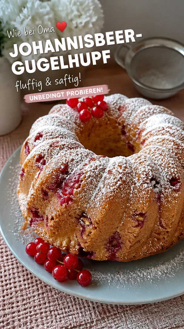 Fluffiger und saftiger Johannisbeerkuchen im Gugelhupf mit frischen Johannisbeeren