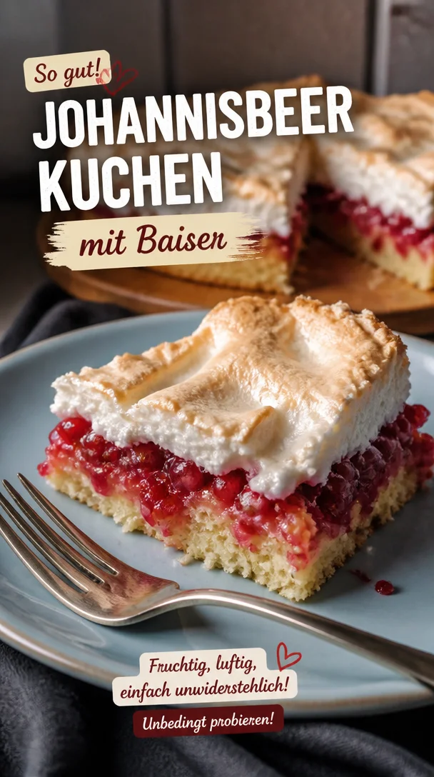 Fruchtiger Johannisbeerkuchen mit Baiser auf einem Teller angerichtet