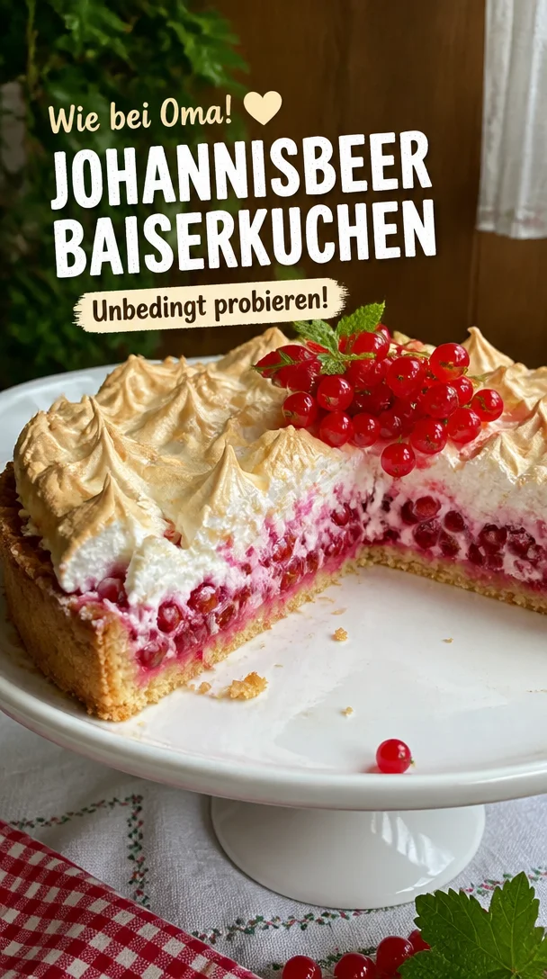 Johannisbeerkuchen mit Baiserhaube auf einem Teller serviert